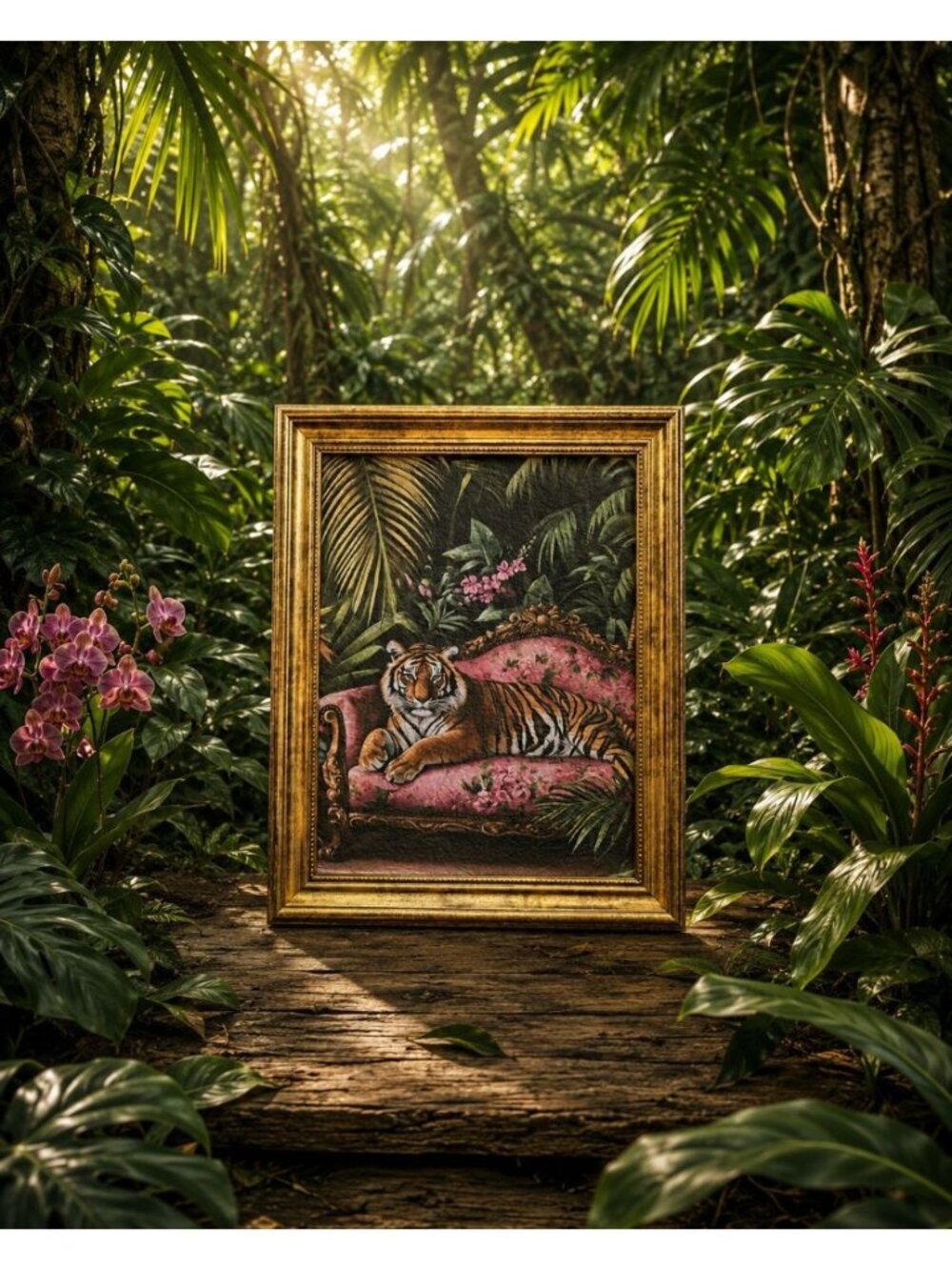 New VTG Tiger Jungle Wall Art Gold Framed Pink Victorian Tropical Safari Decor